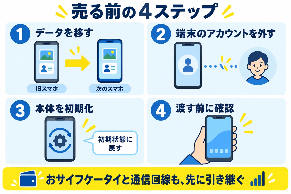 売る前の4ステップ。データを移す、端末のアカウントを外す、本体を初期化、渡す前に確認。おサイフケータイと通信回線も先に引き継ぐ。