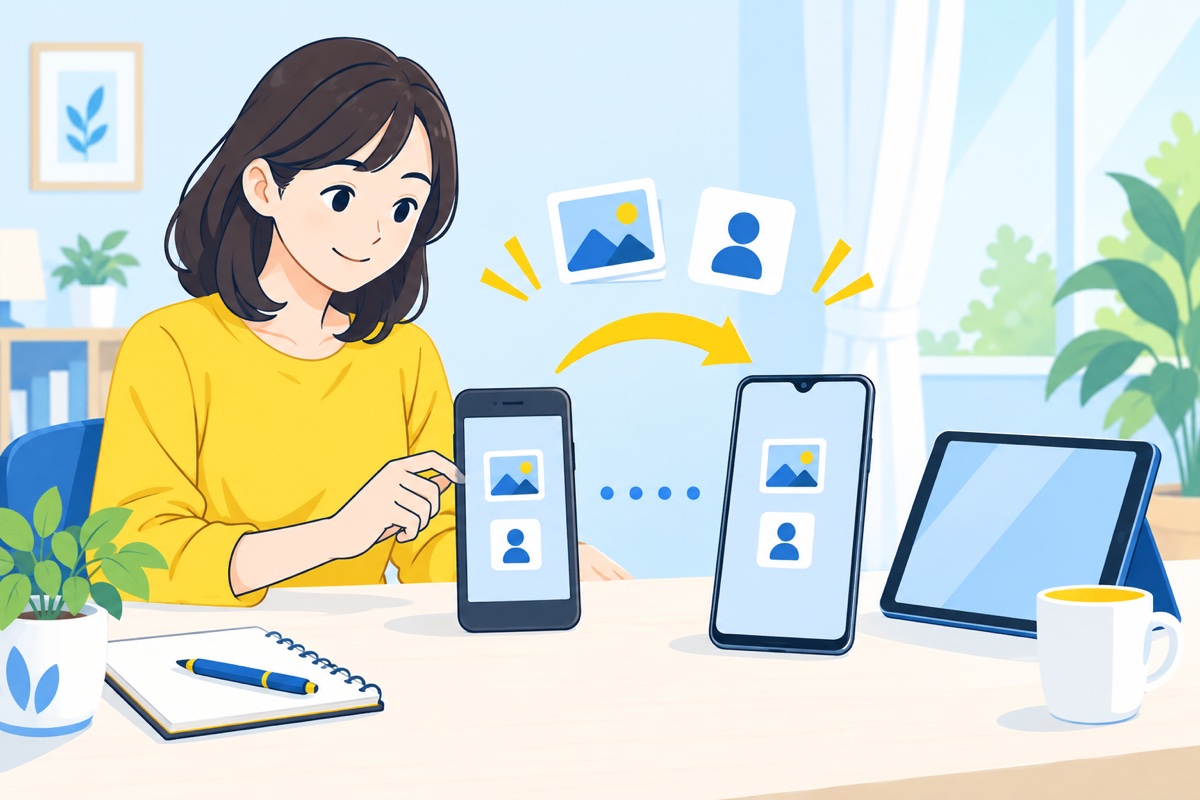 スマートフォンの写真や連絡先を次の端末へ移す女性と、机に置かれたタブレットのイラスト