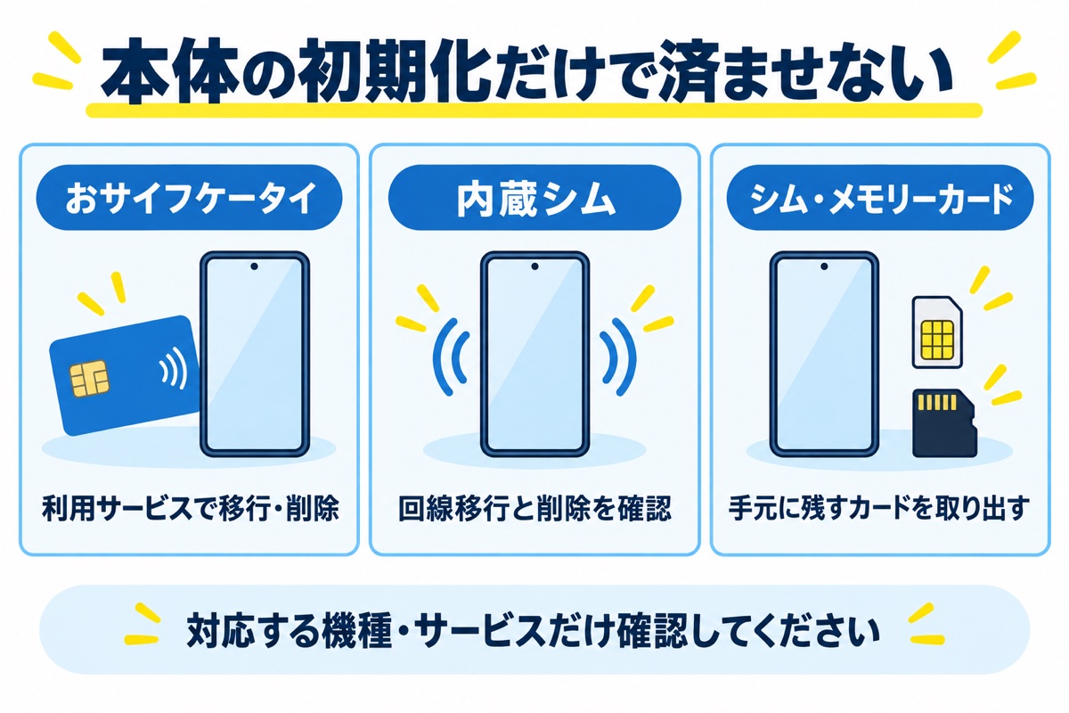 本体の初期化とは別に、おサイフケータイの移行・削除、内蔵シムの回線移行と削除、シム・メモリーカードの取り出しを確認。対応する機種・サービスだけが対象。
