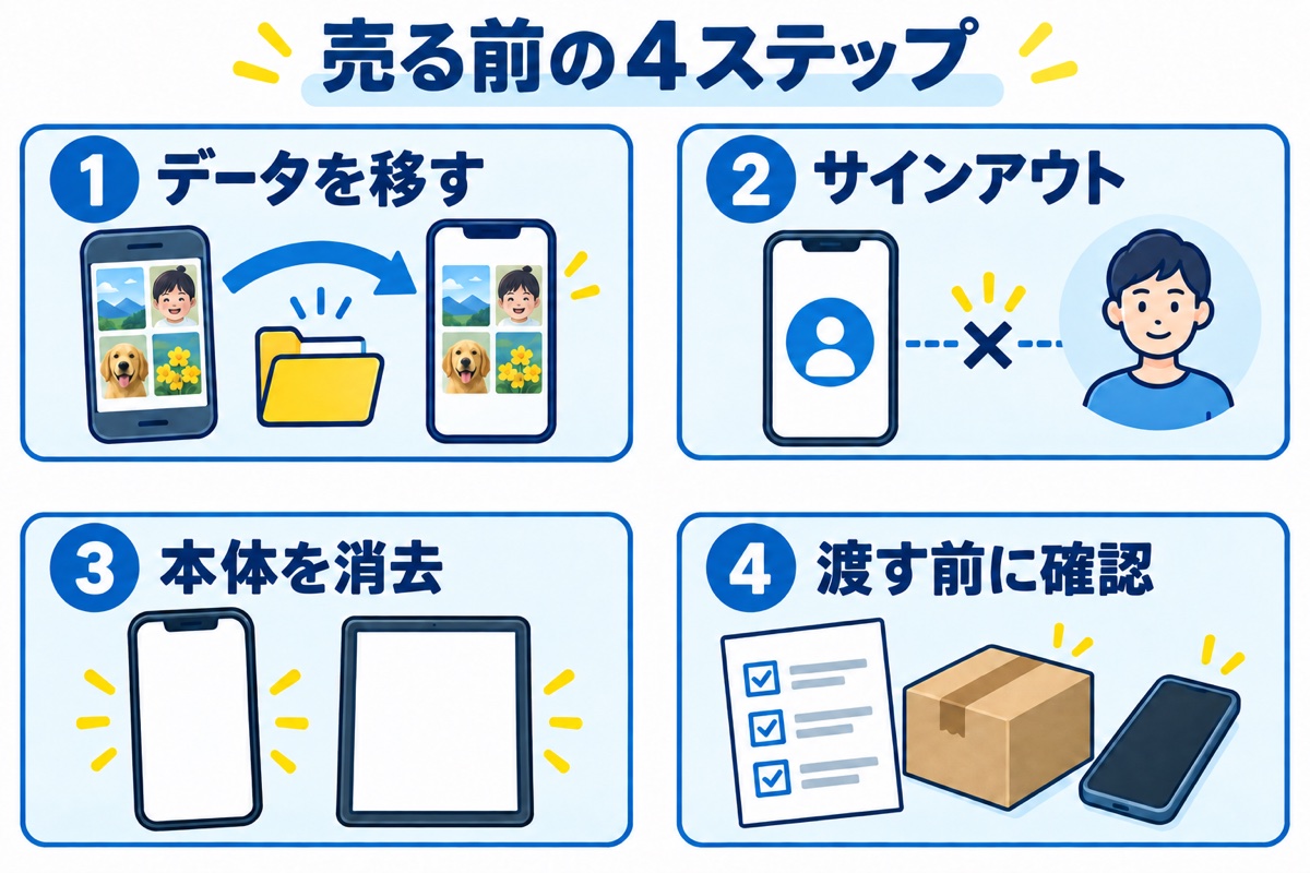 売る前の４ステップ。１データを移す、２サインアウト、３本体を消去、４渡す前に確認