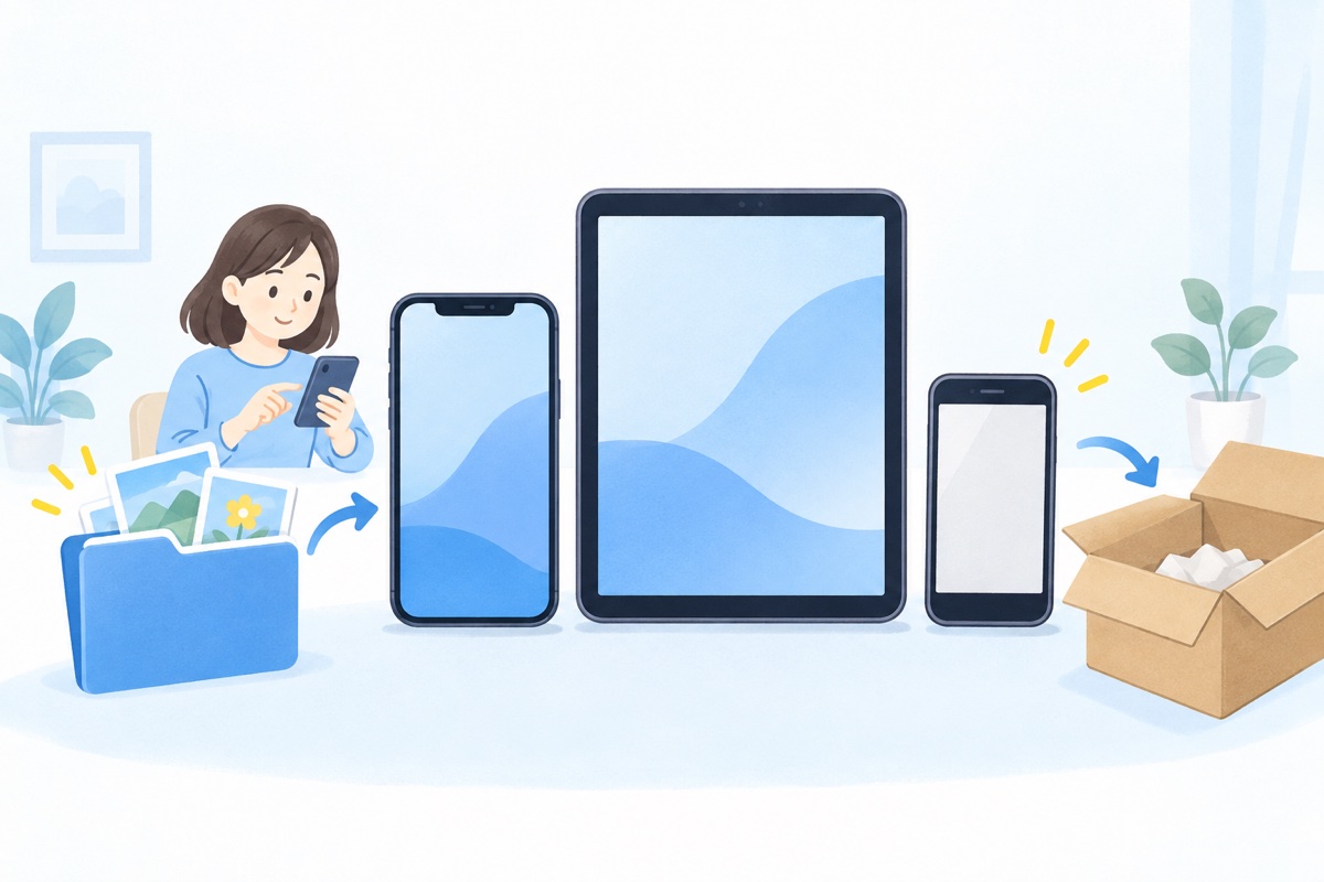 写真を新しい端末へ移し、古いスマートフォンを手放す準備をする女性のイラスト