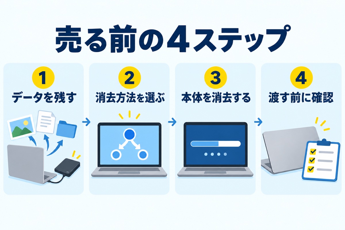 売る前の4ステップ。データを残す、消去方法を選ぶ、本体を消去する、渡す前に確認。