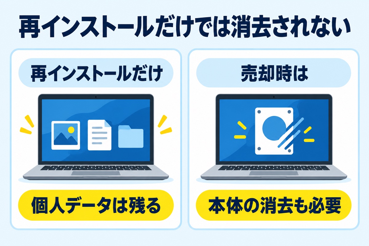再インストールだけでは個人データは残る。売却時は本体の消去も必要。
