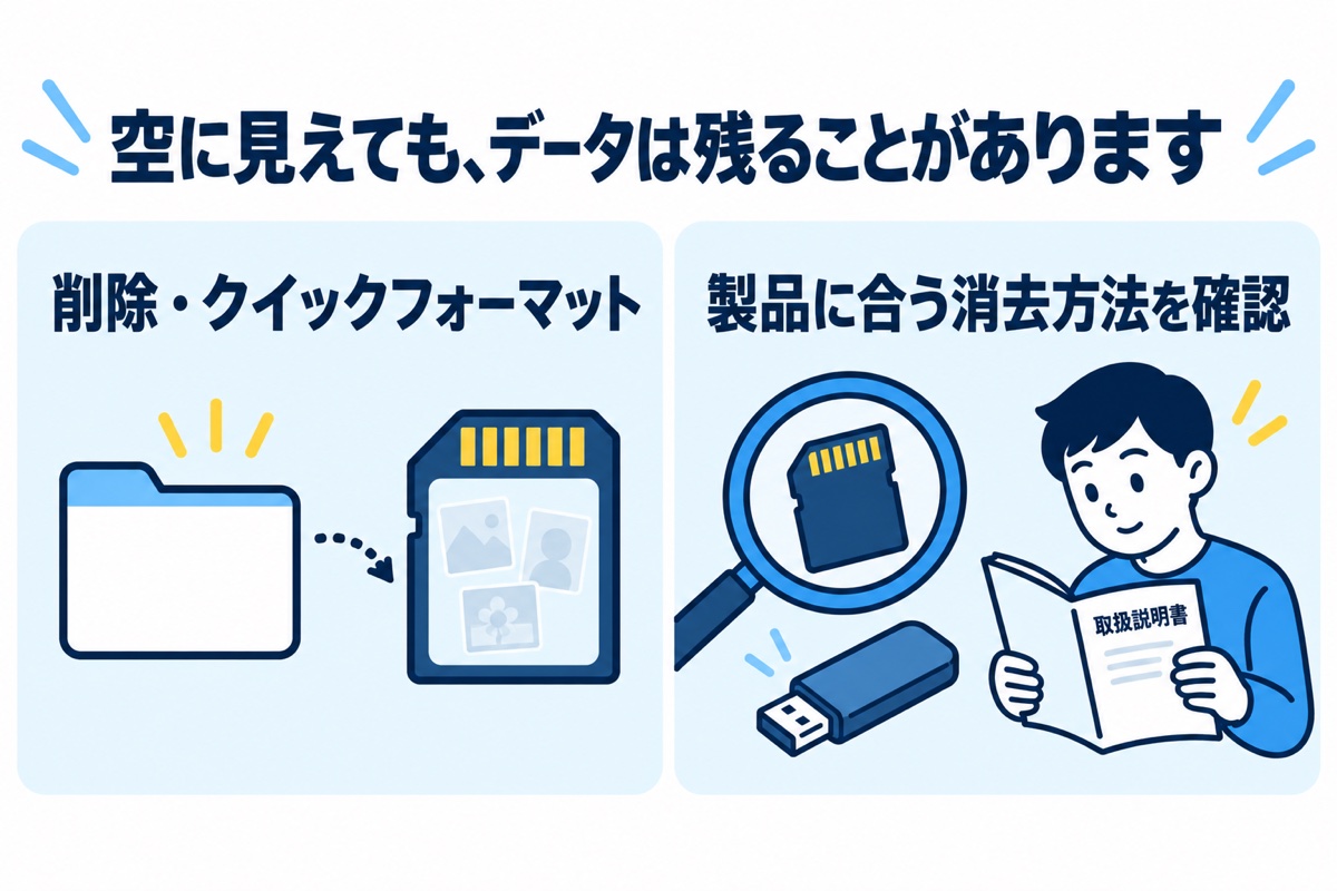 空に見えても、データは残ることがあります。削除・クイックフォーマットだけで済ませず、製品に合う消去方法を確認。
