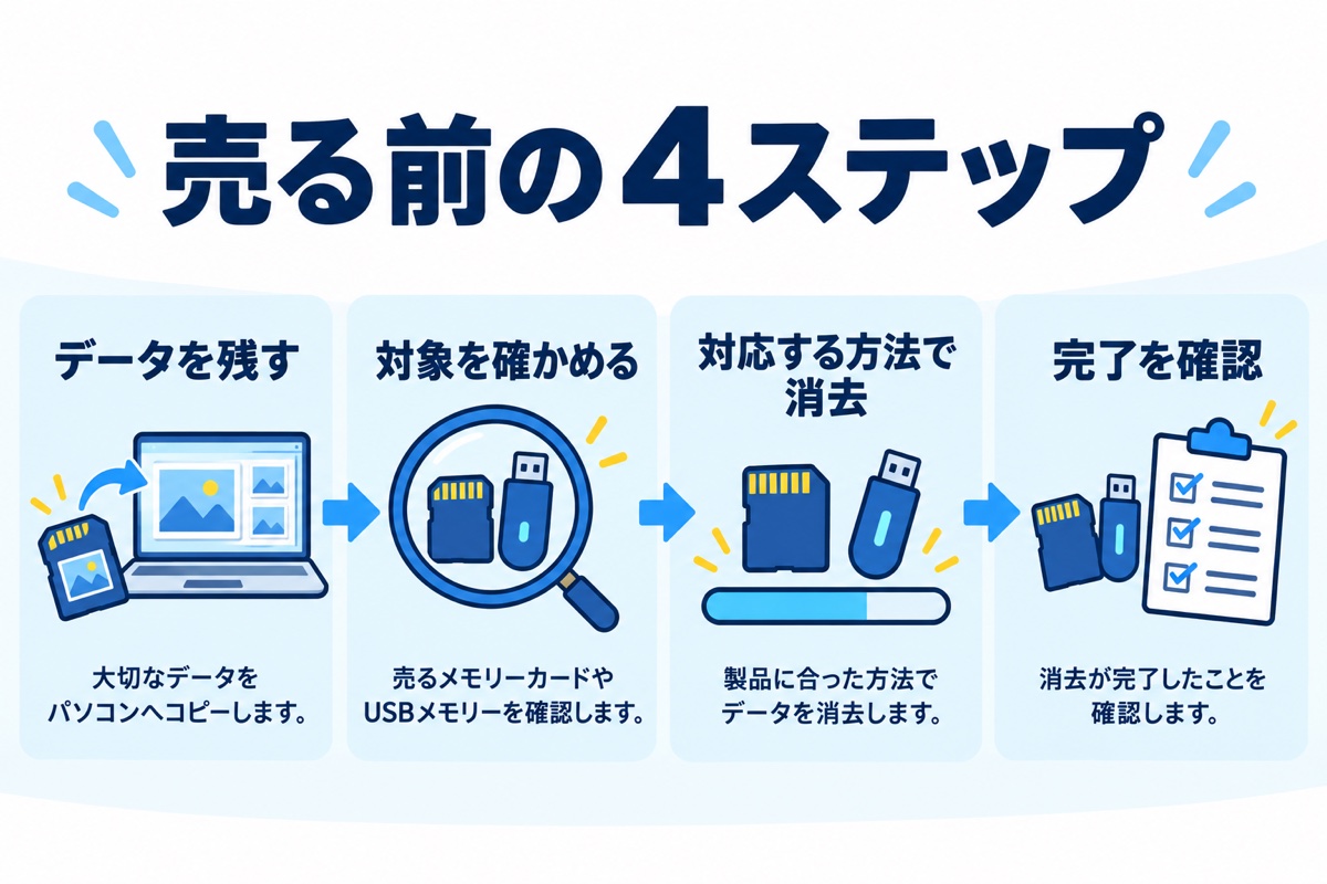 売る前の４ステップ。データを残す、対象を確かめる、対応する方法で消去、完了を確認。