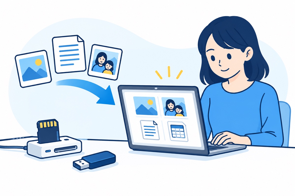 メモリーカードの写真や書類をパソコンへ保存して確認する女性と、机上のUSBメモリーのイラスト