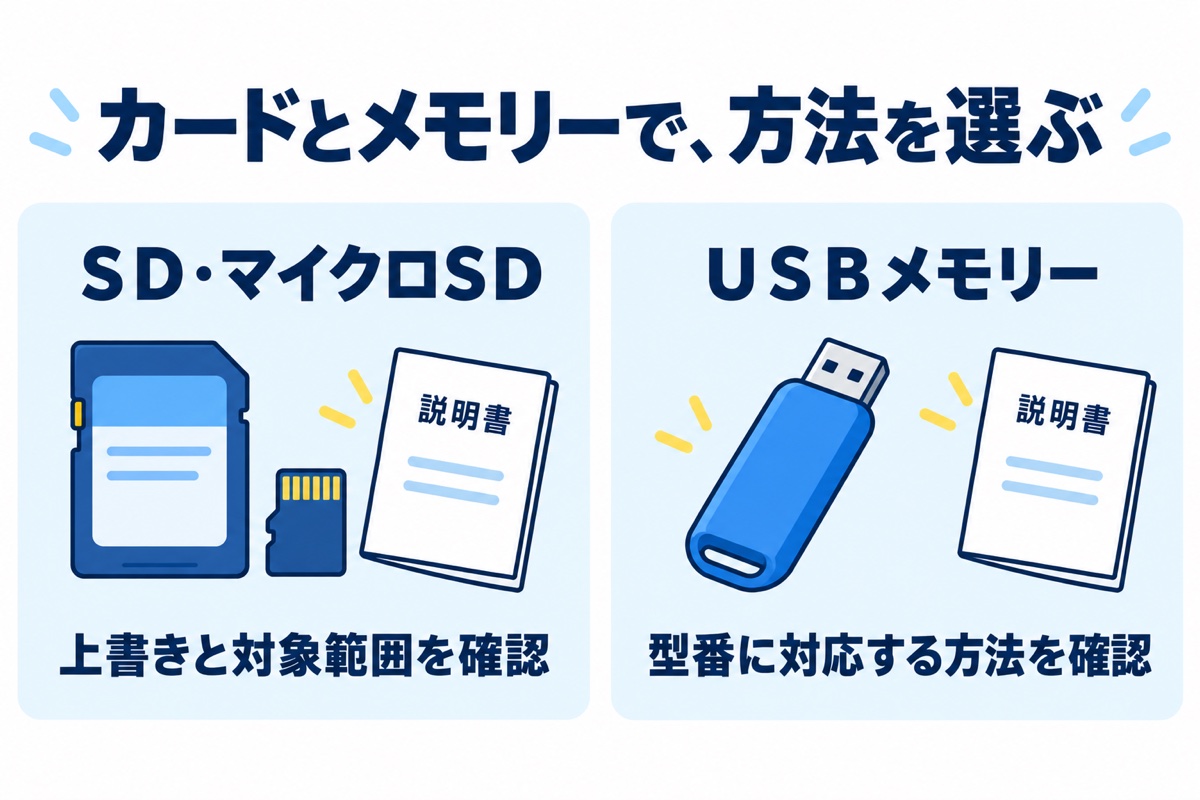 SD・microSDは上書きと対象範囲を確認。USBメモリーは型番に対応する方法を確認。