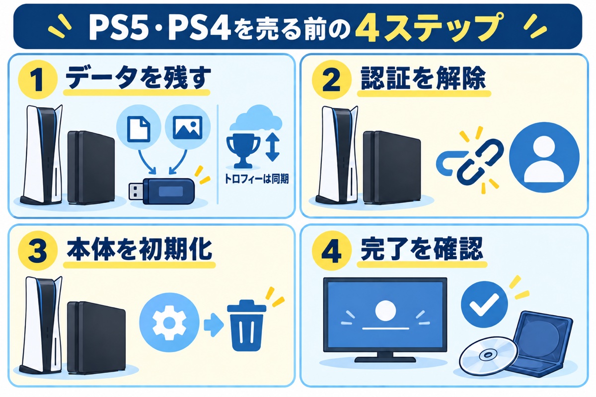 PS5・PS4を売る前の４ステップ。データを残す、認証を解除、本体を初期化、完了を確認。
