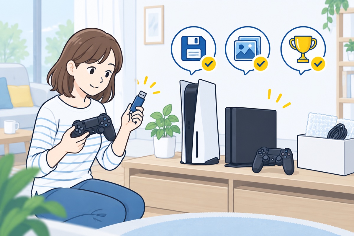 女性がPS5とPS4を手放す前に、ゲームの記録や写真を保存する準備をしているイラスト