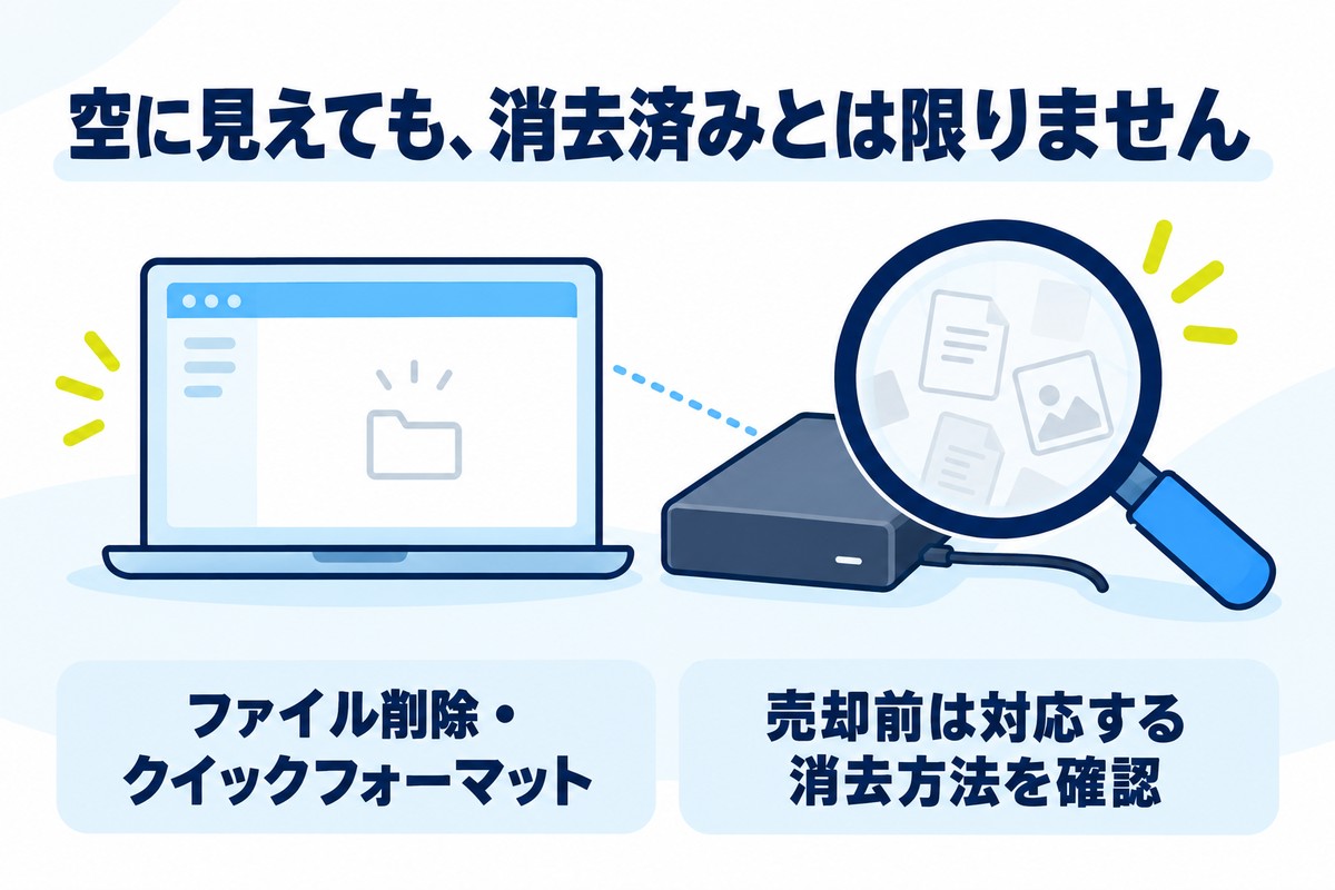 空に見えても、消去済みとは限りません。ファイル削除・クイックフォーマットの後も、売却前は対応する消去方法を確認。