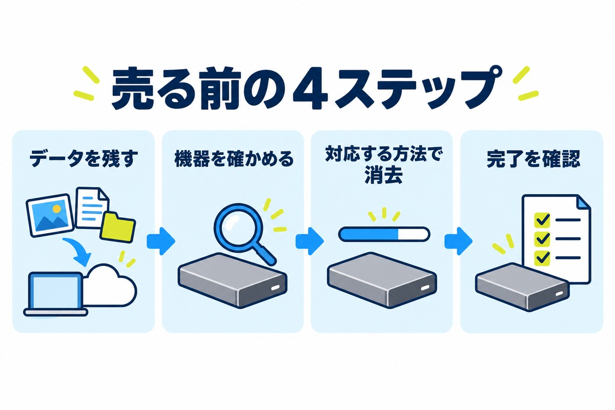 売る前の４ステップ。データを残す、機器を確かめる、対応する方法で消去、完了を確認。