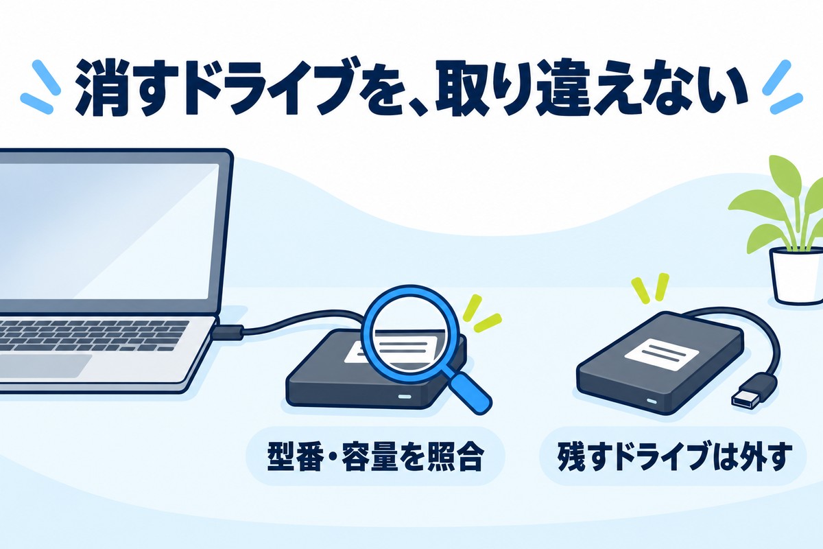 消すドライブを、取り違えない。型番・容量を照合し、手元に残すドライブは外す。