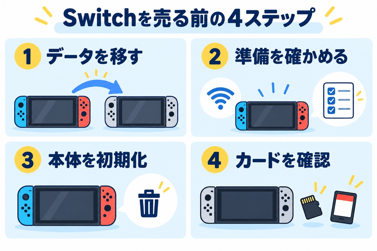 Switchを売る前の4ステップ。データを移す、準備を確かめる、本体を初期化、カードを確認。
