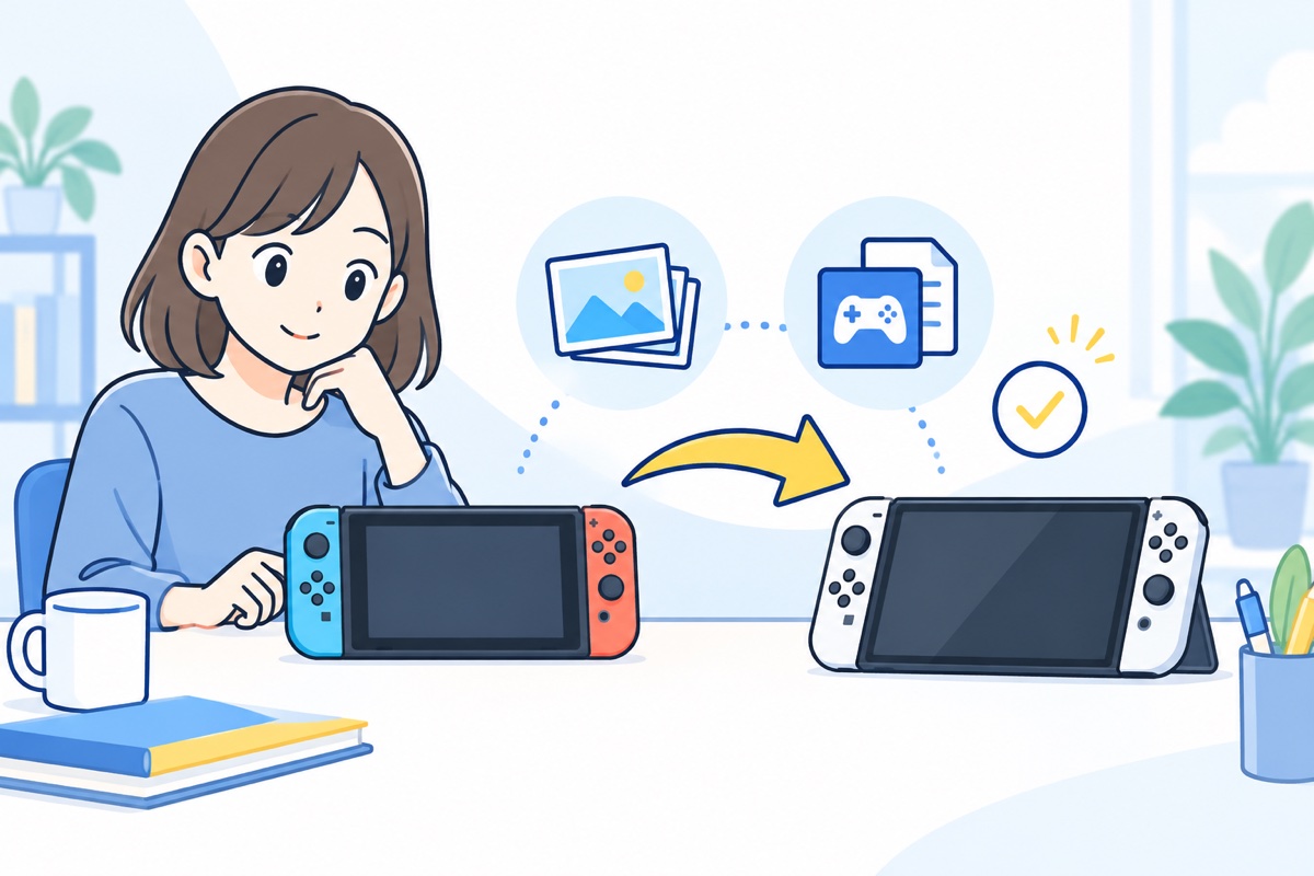 女性が売却前のSwitchから新しいゲーム機へデータを移す準備をしているイラスト