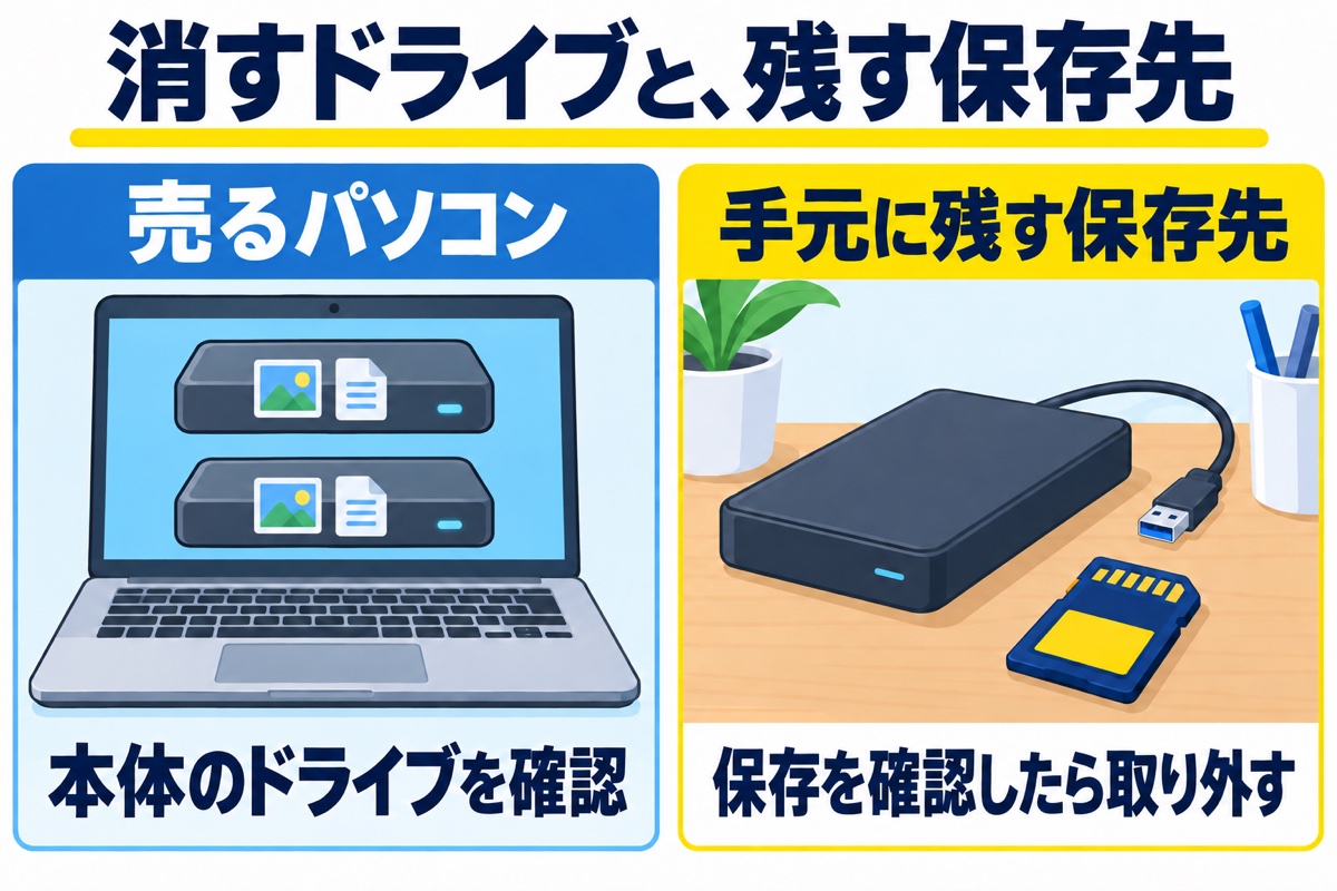 売るパソコンは本体のドライブを確認。手元に残す外付けドライブやメモリーカードは、保存を確認したら取り外す。