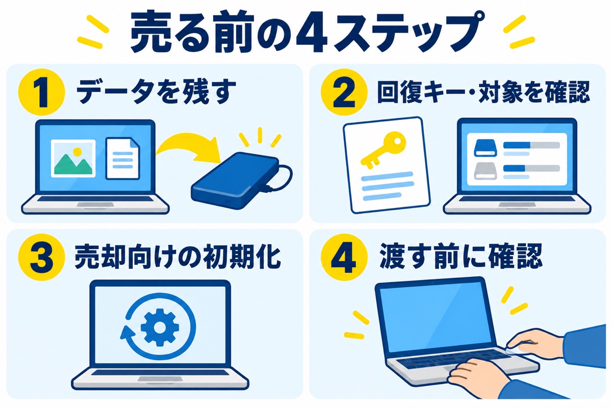 売る前の4ステップ。データを残す、回復キー・対象を確認、売却向けの初期化、渡す前に確認。