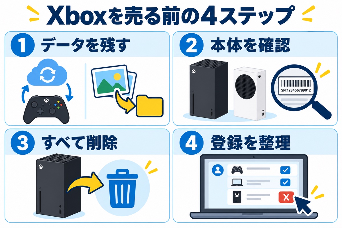 Xboxを売る前の４ステップ。データを残す、本体を確認、すべて削除、登録を整理。