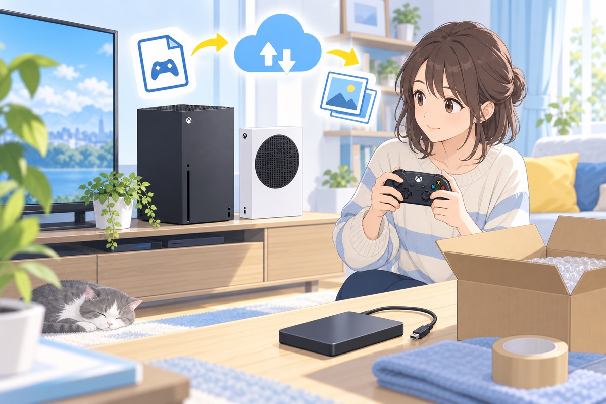 女性がXboxとコントローラー、外付けドライブを確認し、売却前の保存準備をするイラスト