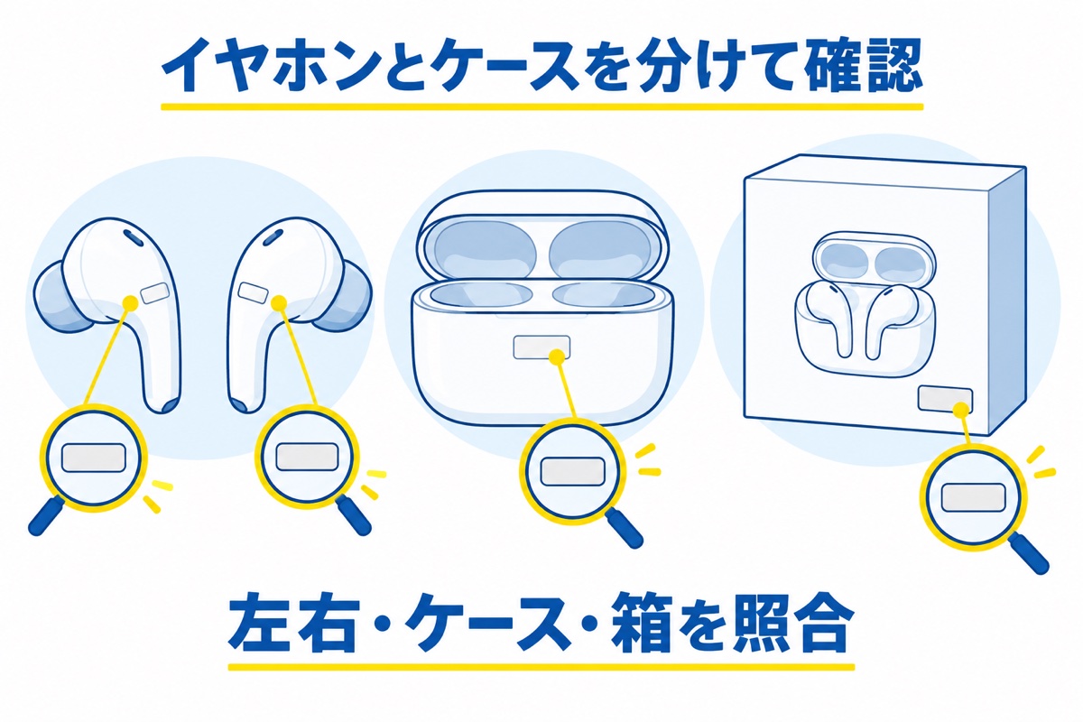 左右のイヤホンと充電ケース、製品箱を別々に確認する図