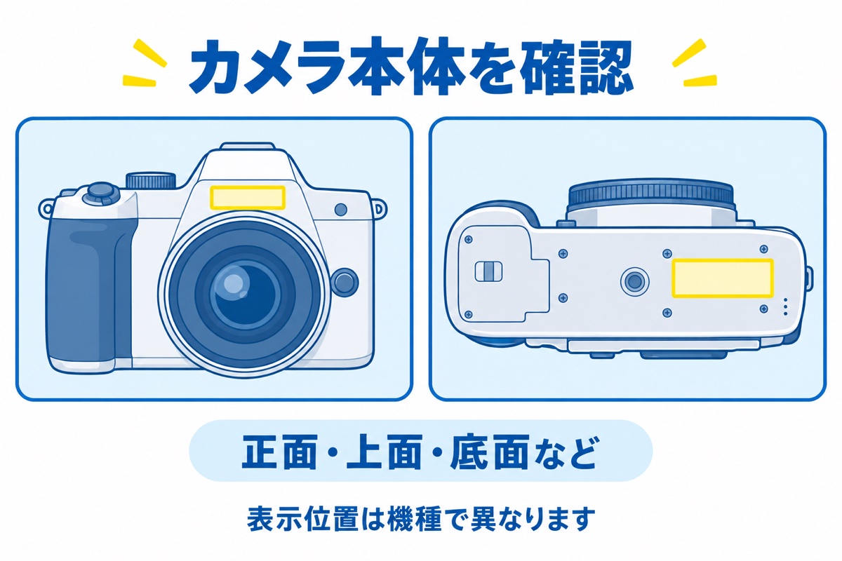 カメラの正面と底面にある表示候補を示した図