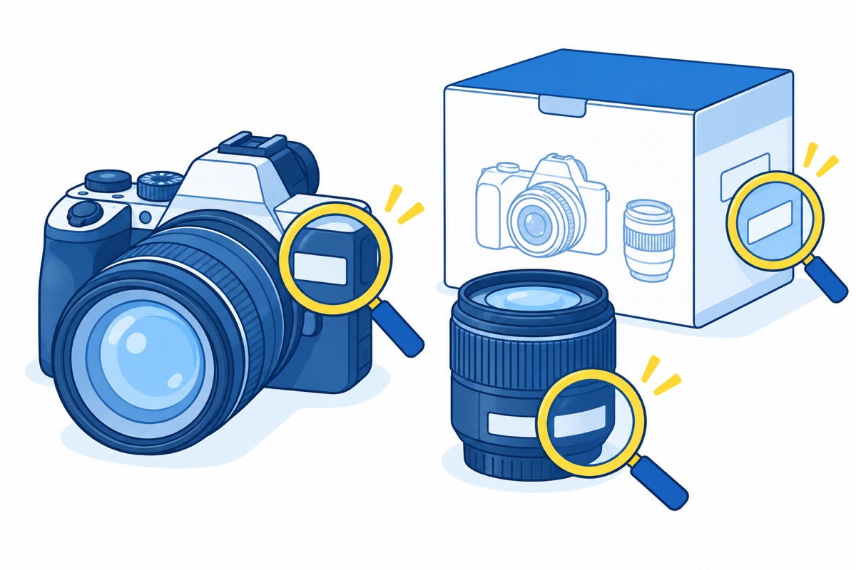 カメラ本体と交換レンズ、製品箱の表示を虫眼鏡で探すイラスト