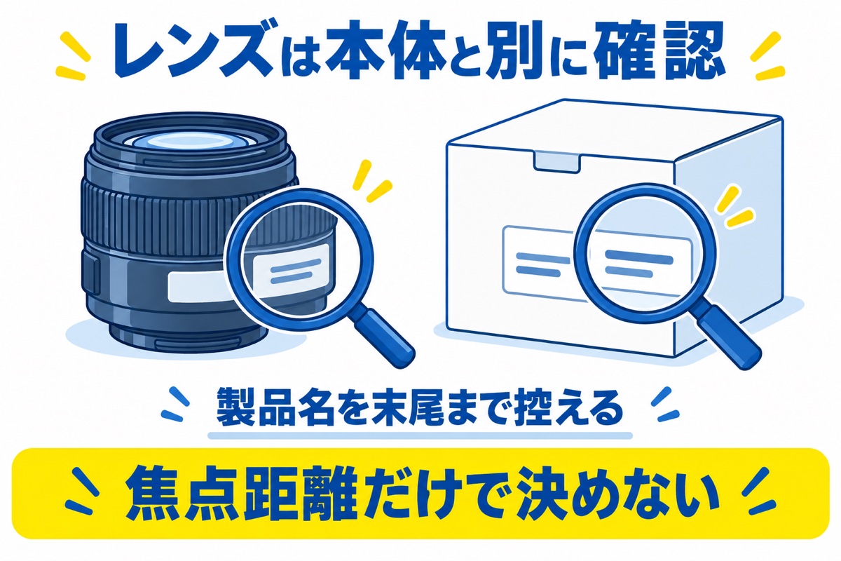 レンズ側面の製品表示と箱を照合する図
