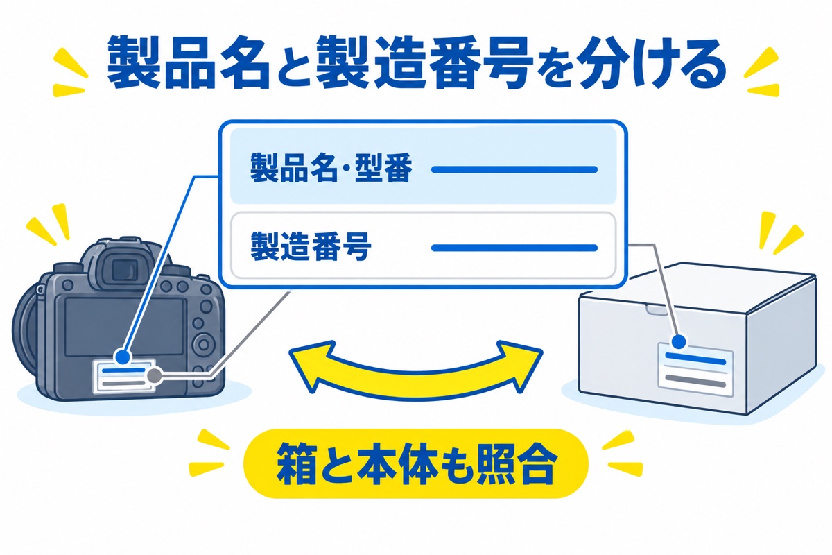 製品名・型番と製造番号を別の欄にした説明用ラベル