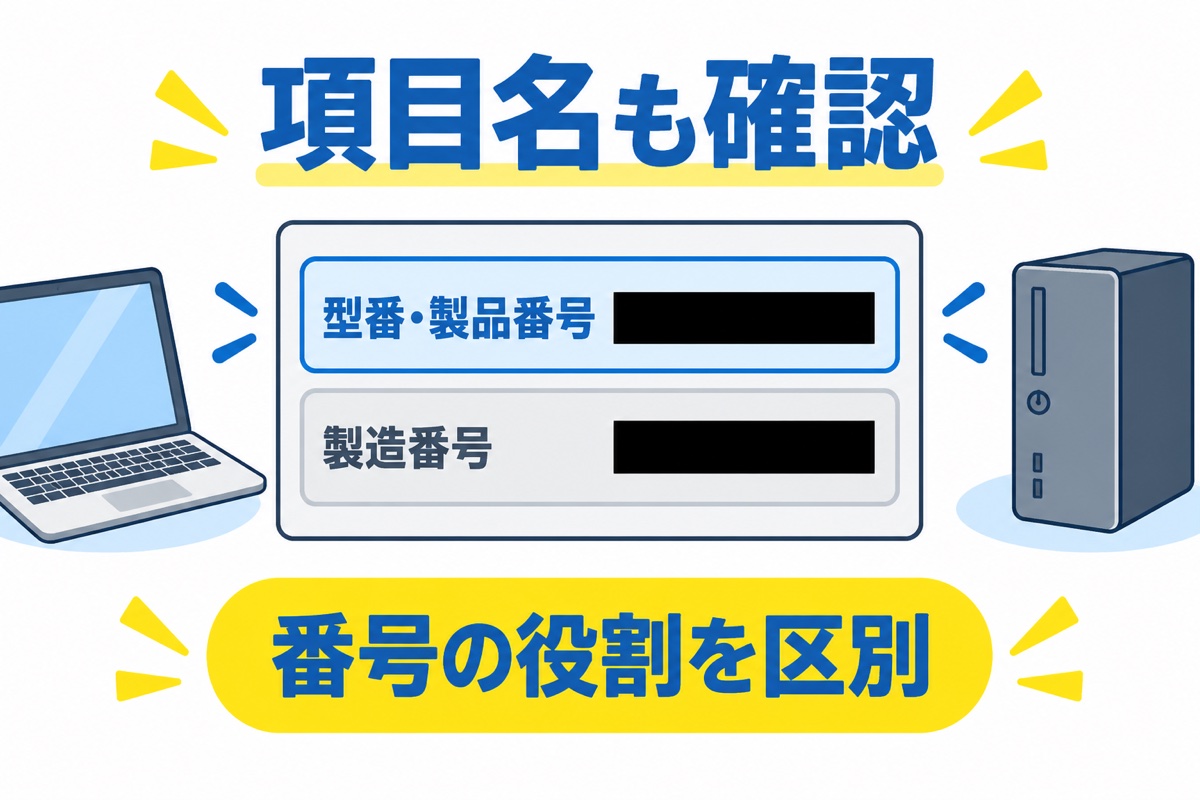 型番・製品番号の欄を強調し、製造番号を別の欄に分けた説明用ラベル