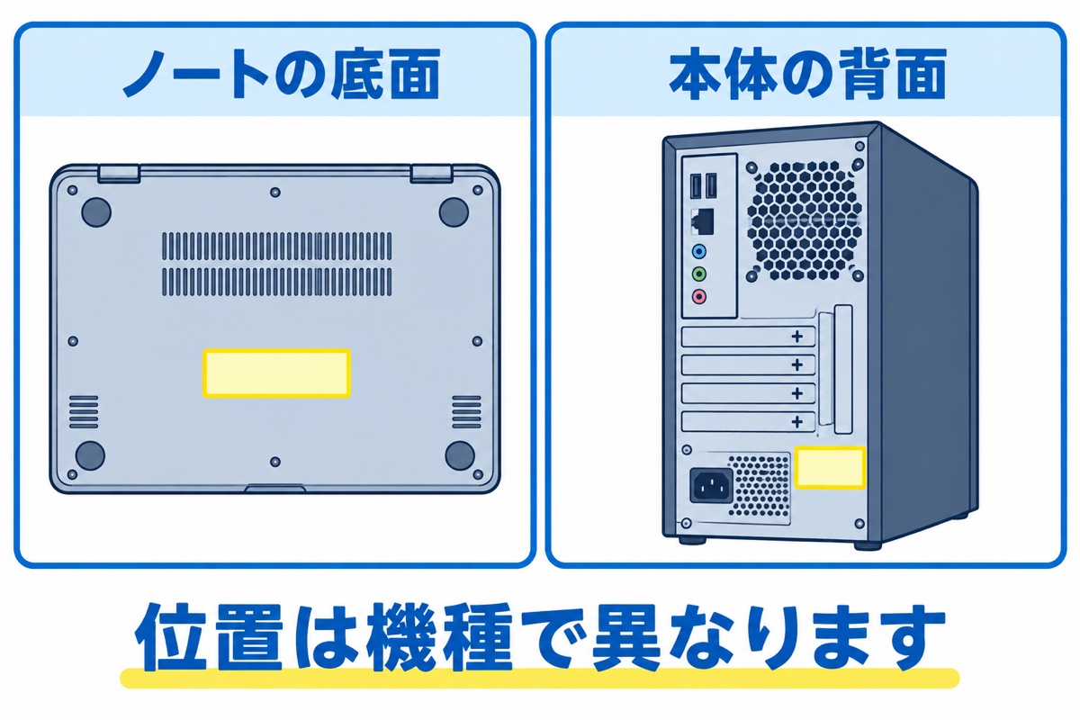 ノートパソコンの底面とデスクトップ本体の背面にある、製品ラベルの位置候補を示す図