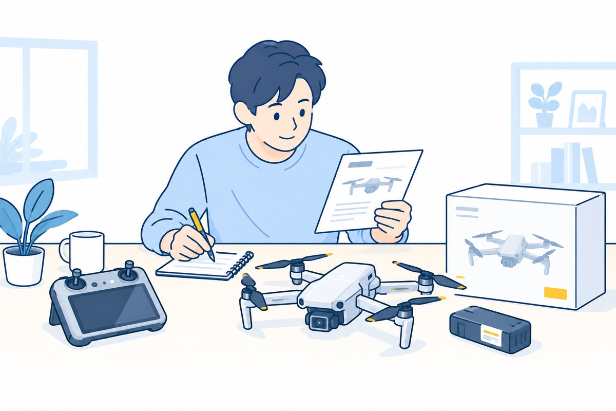 停止したドローン、送信機、バッテリーと購入書類を照合する人のイラスト
