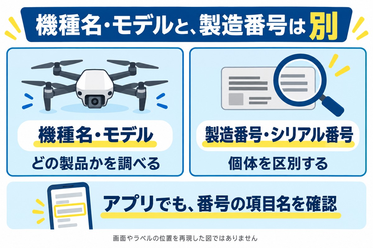 機種名・モデルは製品の確認、製造番号は個体の識別に使うことを示す図