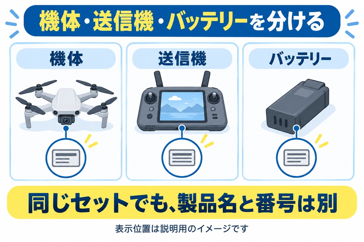 機体・送信機・バッテリーを分け、それぞれの製品名と番号を控える図