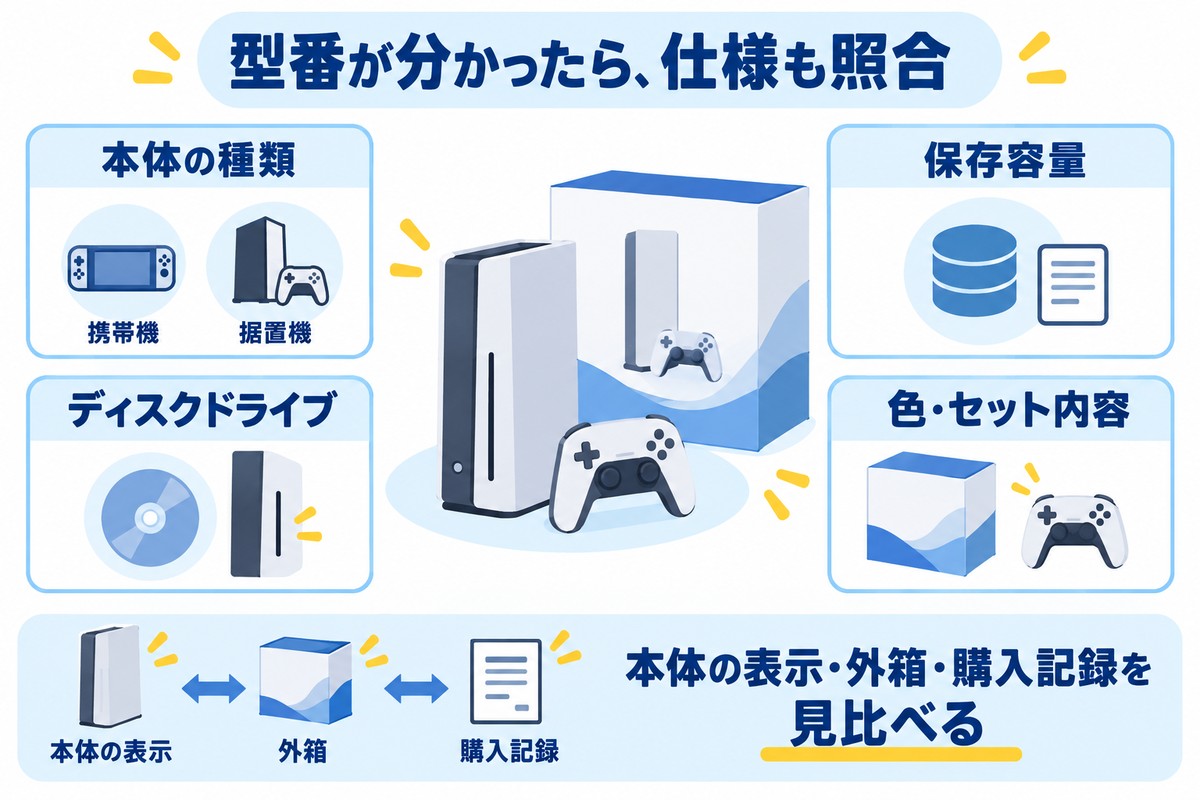 ゲーム機の本体種類、保存容量、ディスクドライブ、色とセット内容を照合する図
