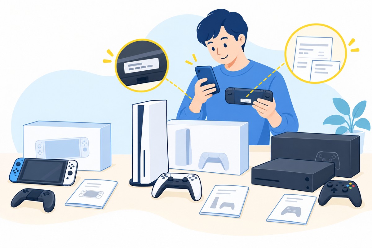 携帯ゲーム機と据置ゲーム機、コントローラー、外箱や書類を照合する人のイラスト