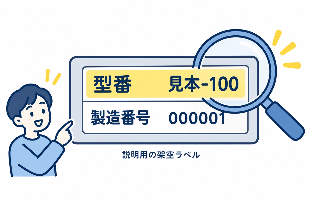 架空ラベルの型番「見本-100」の行を黄色で強調し、製造番号「000001」と区別した図