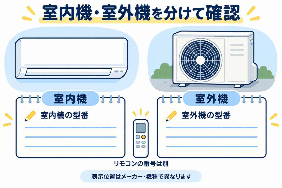 エアコンの室内機・室外機の型番をそれぞれ控え、リモコンの番号を区別する図