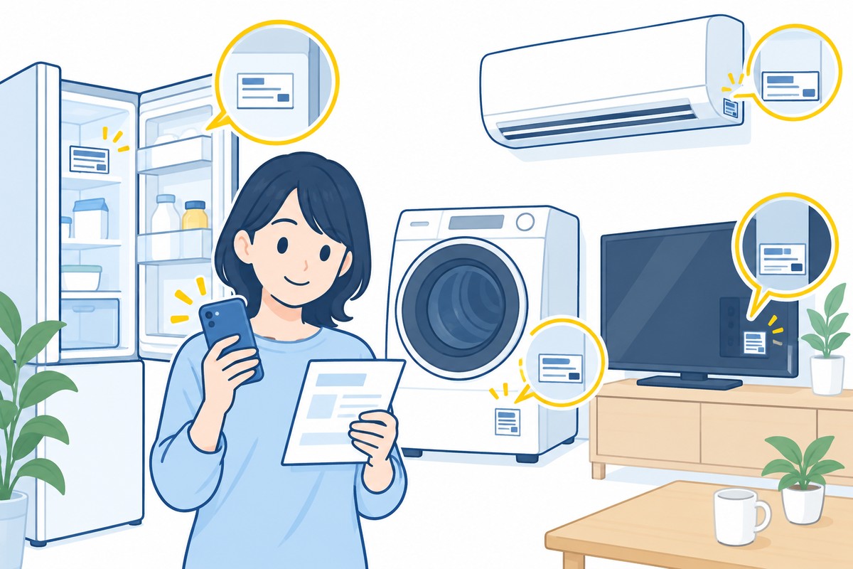 冷蔵庫、洗濯機、エアコン、テレビと、保証書やスマートフォンで表示を確認する人のイラスト
