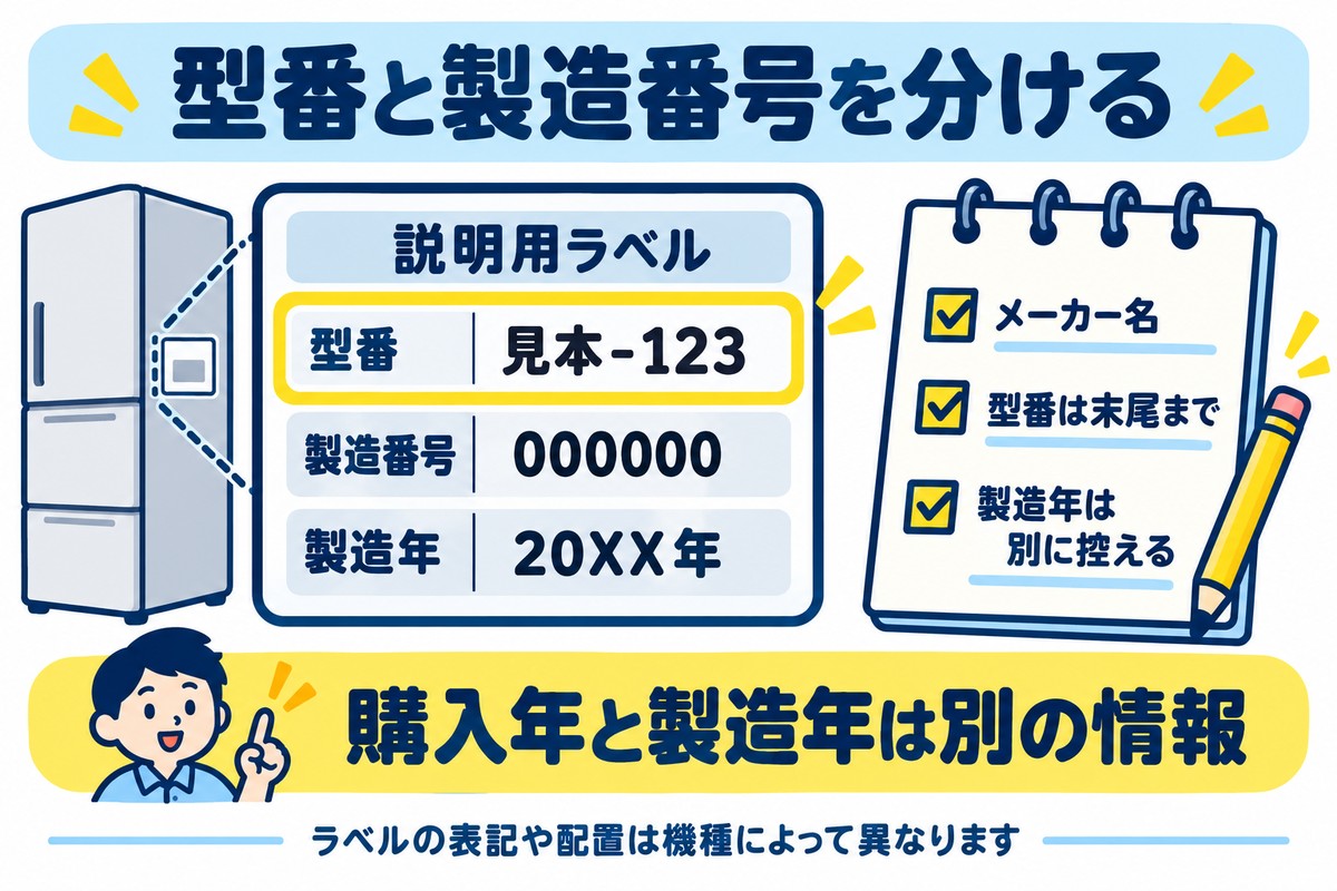 説明用のラベルで型番を黄色く囲み、製造番号・製造年と別欄で記録する図