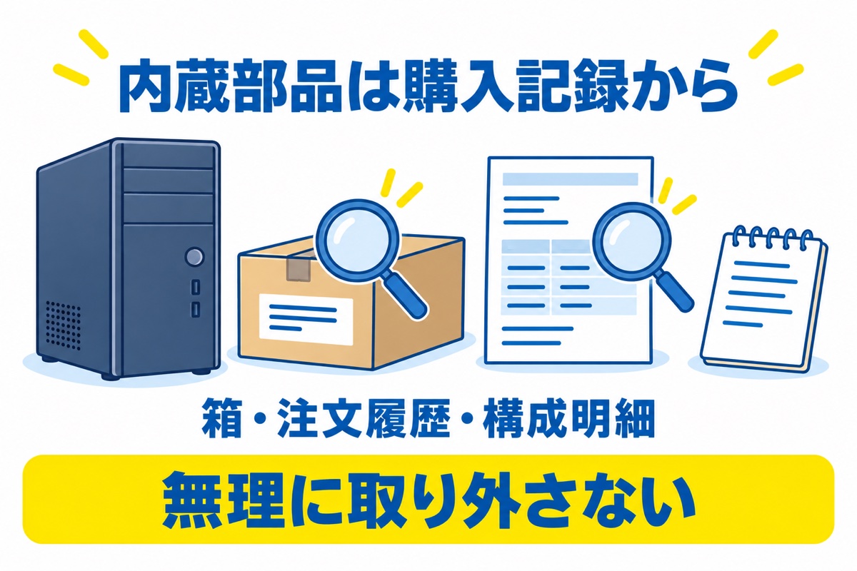 閉じたパソコン本体の横で、パーツの箱・購入明細・メモを照合するイラスト