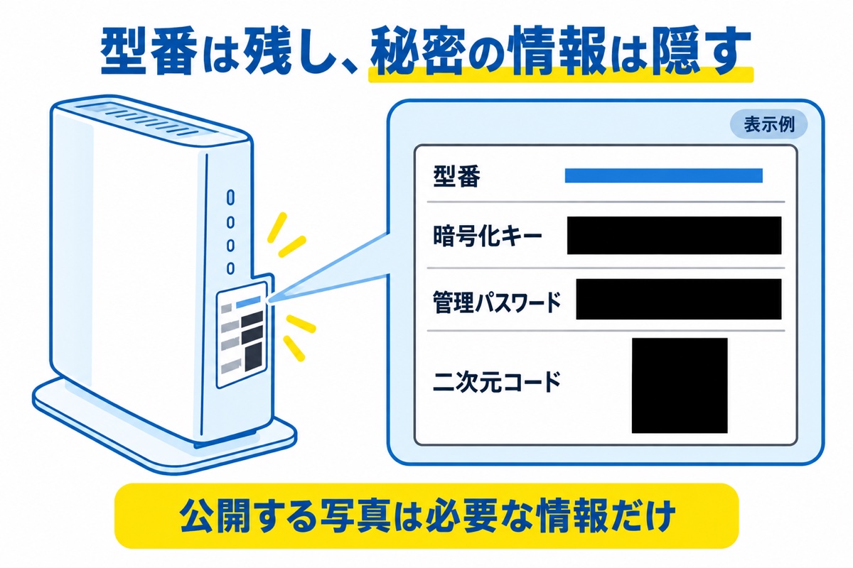 型番の欄を残し、暗号化キー・管理パスワード・二次元コードの内容を隠したルーターの説明用ラベル