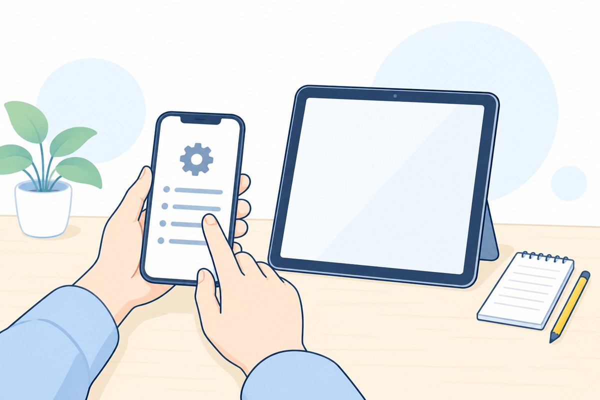 スマホとタブレットの設定画面を確認し、機種の情報をメモするイラスト