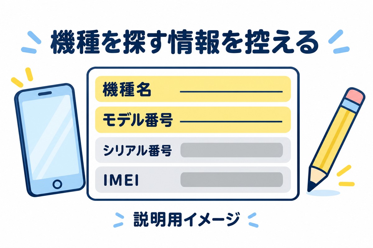 機種名とモデル番号を強調し、シリアル番号とIMEIの番号部分を隠した説明用情報カード