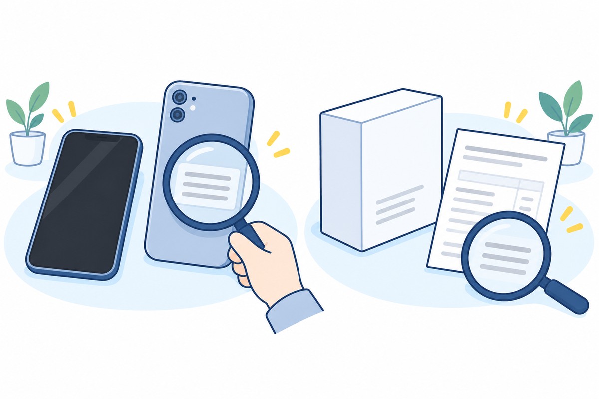 画面が暗いスマホの本体表示と、箱・購入明細を確認するイラスト