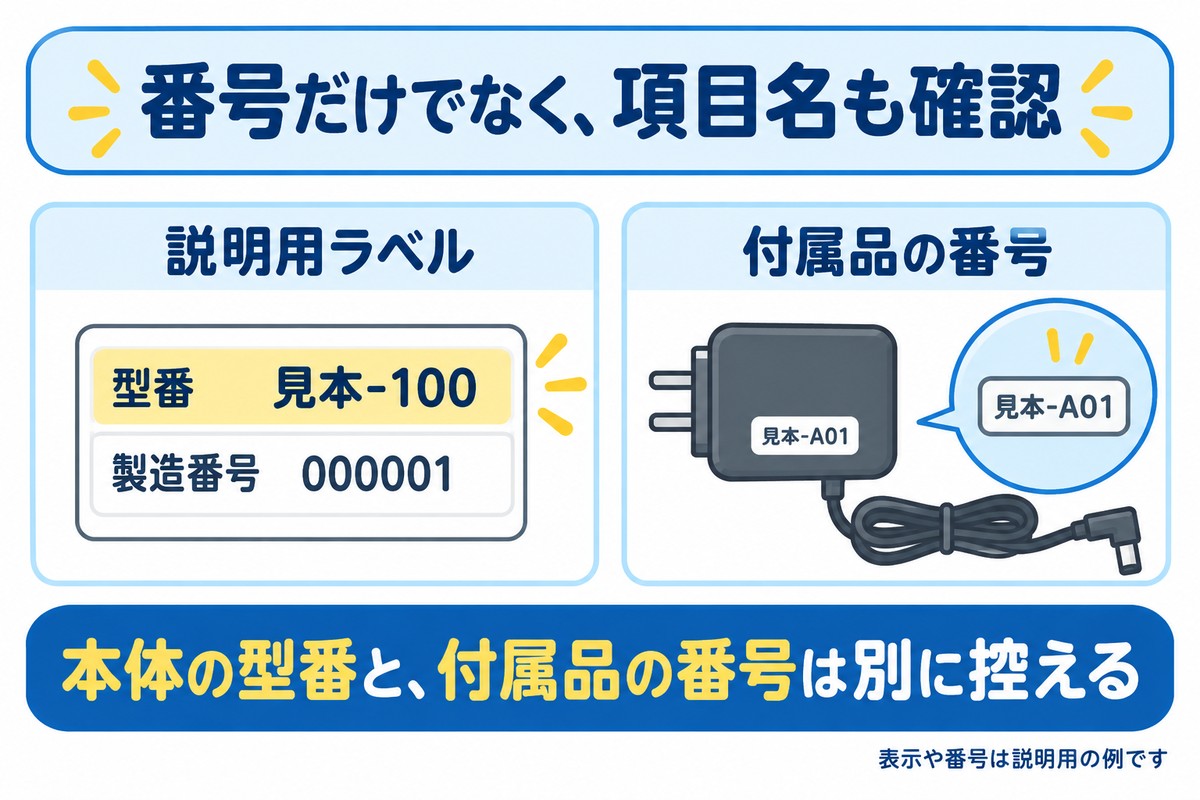 型番・製造番号の欄と、付属品の番号を区別して控える説明用ラベルの図