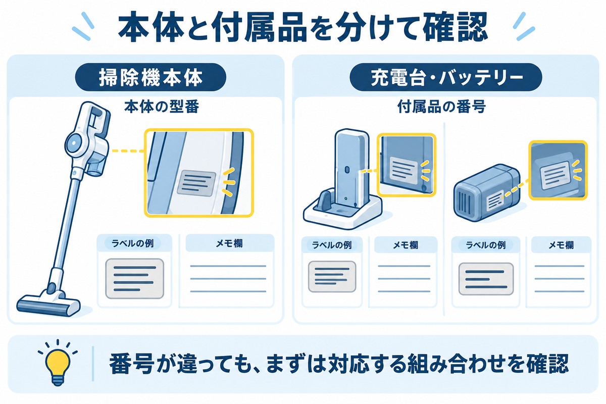 掃除機本体の型番と、充電台・バッテリーの番号を分けて確認する図