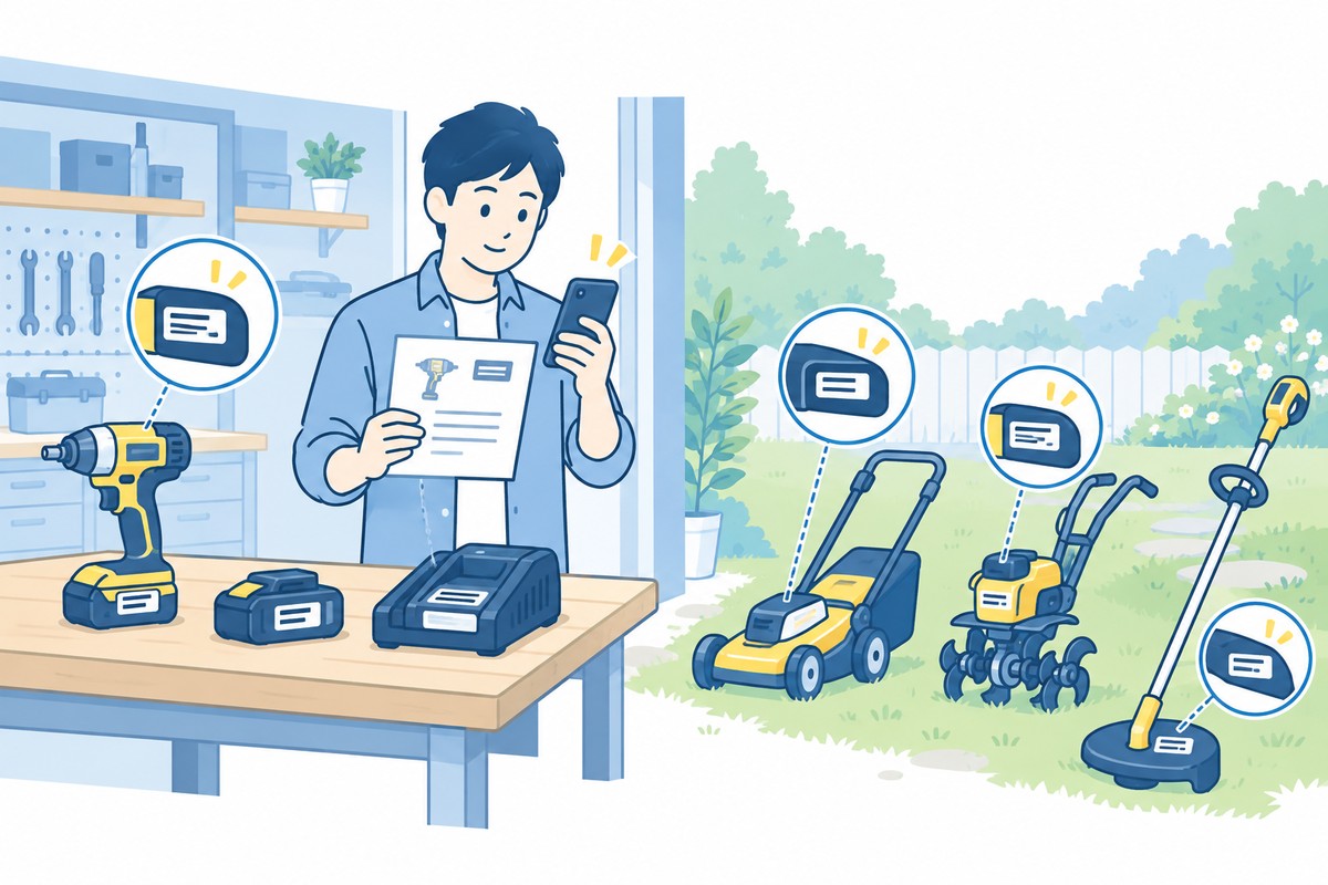 停止した電動工具と園芸機器を、書類と照合する人のイラスト