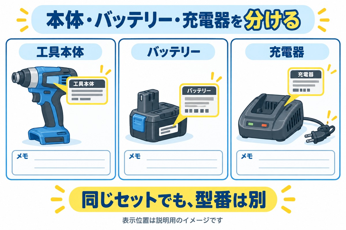 工具本体・バッテリー・充電器を分け、それぞれの型番を控える図